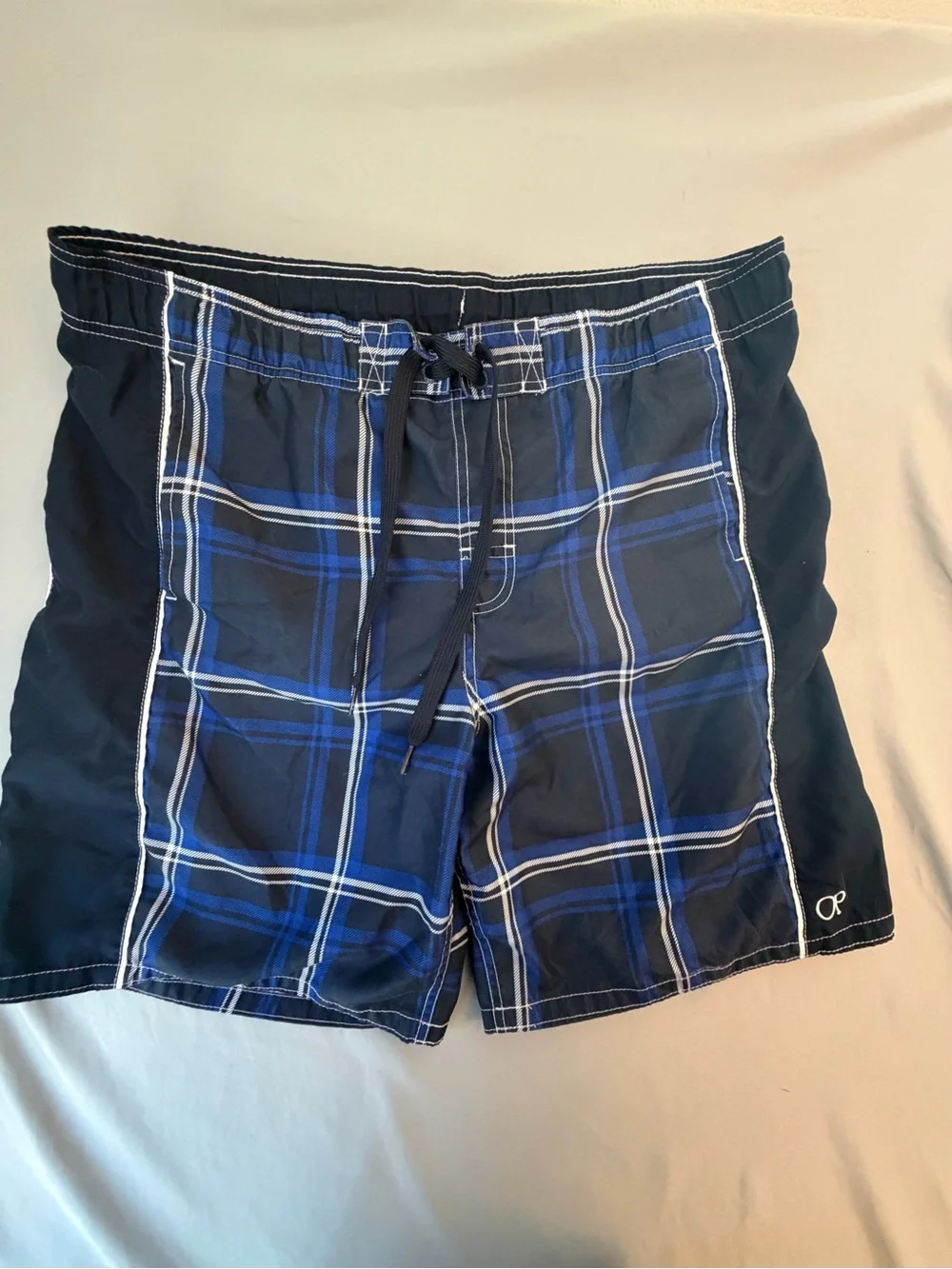 OP Men’s Navy and Royal Blue Plaid Swim Trunks